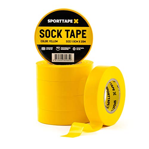 Paquete de cinta de calcetíns SPORTTAPE - Amarillo - Paquete de 6-1,9 cm x 20m - Cinta de bota de fœtbol de fútbol de rugby de PVC - Lo mejor para mantener calcetines, almohadillas, espinilleras