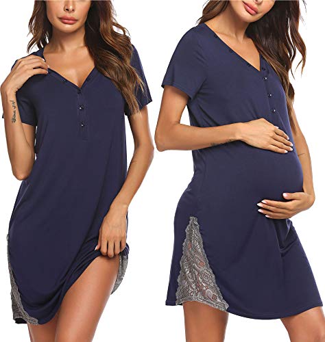 Pinspark Camisón de lactancia para mujer, de manga corta, para embarazadas, para hospital, con botones y encaje, tallas S-XXL azul marino S