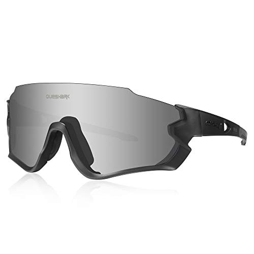 Queshark Gafas de Ciclismo para Hombre Mujer Bicicleta de Carretera 1 Lente Polarizada 3 HD UV400 Lente QE45 (Negro)