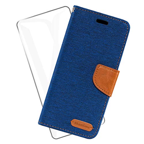 SCDMY Funda para OUKITEL C22 Funda de Cuero + Cristal Templado, PU Flip Cuero Carcasa Protectora Ranuras Tarjetas Billetera Soporte Plegable Cierre Magnético Case Cover - Denim Azul