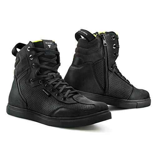 SHIMA Rebel Men WP Black 46, Impermeables Zapatos Moto Hombre | Transpirables, Reforzados Zapatos Moto de Cuero, Soporte para el Tobillo, Suela Antideslizante, Mango de Cambio de Marchas (Negro, 46)