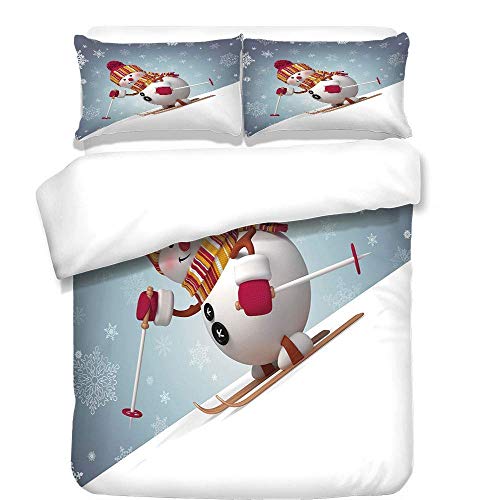 Snowman Duvet Cover Set Skiing Snowman en Estilo 4D con Copos de Nieve Adornados Actividad de Invierno al Aire Libre Diversión Decorativa Juego de Cama de 3 Piezas con 2 Fundas de Almohada Multicolor