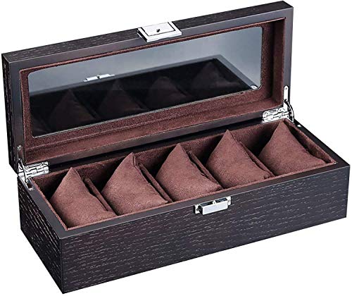 THj Caja de Reloj de Madera para Hombre con 5 Ranuras, Organizador de Joyas, Caja de Almacenamiento con Tapa de Cristal Real, Almohada de Reloj extraíble, 11.8"L x 8.7" WX 3.3"H Exquisita