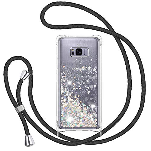 TUUT Funda Glitter Liquida con Cuerda para Samsung Galaxy S8 Plus, Glitter Cristal Suave Silicona TPU Bumper Protector Carcasa, Brillante Arena Movediza con Colgante Ajustable Cordón Case -Negro