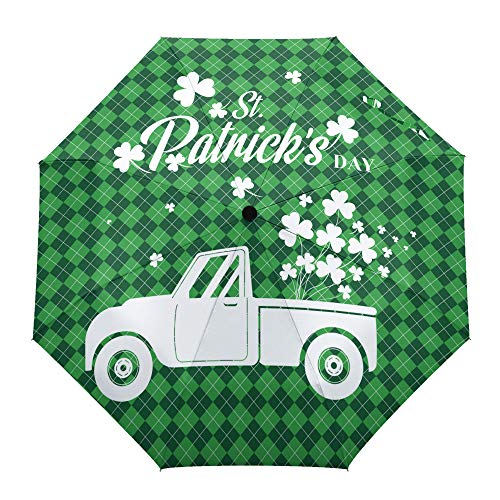 Umberlla-St Patrick's Day Camión Verde con tréboles, al Aire Libre Auto Abrir/Cerrar Paraguas Compacto Resistente al Viento para niñas/Mujeres/Adultos