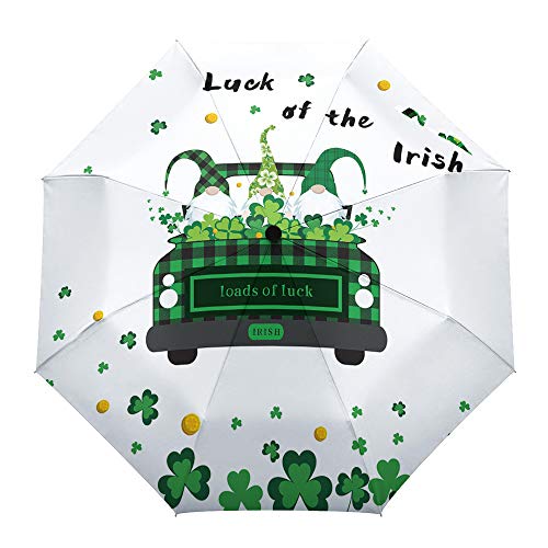 Umberlla-St Patrick's Day Suerte del camión irlandés transportando trébol y Fondo Blanco Enano, al Aire Libre Auto Abrir/Cerrar Paraguas Compacto Resistente al Viento para niñas/Mujeres/Adultos