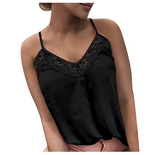 VEMOW Camiseta sin Mangas para Mujer, Verano Atractivo Sueltas Y2K Camisola Blusa Top Mujer Sexy Cuello En V Profundo con Tirantes Vest Mini Cami Mini Top Streetwear Clubwear Sujetador…(S3 Negro,L)