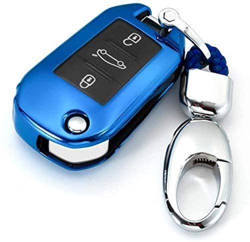 WASHULI Coche de protección de Claves de automóvil Conexión Citroen C4 Cactus C5 C3 C4L Peugeot 508 3013 308 2008 3008 408 (Color : Blue with Keychain)