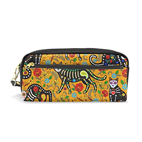 Wildlife Pouch Purse Cosmetic Makeup Bag Pencil Case Pen Stationery Bag Zipper Halloween Cat Sugar Skull Flower para Student Boy Girl