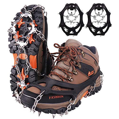 WIN.MAX Crampones, 19 Garras de Dientes Crampones Cubierta Antideslizante de Zapatos con Cadena de Acero Inoxidable para Excursiones Pesca Escalada Trotar Caminata sobre Nieve y Hielo (Negro, L)