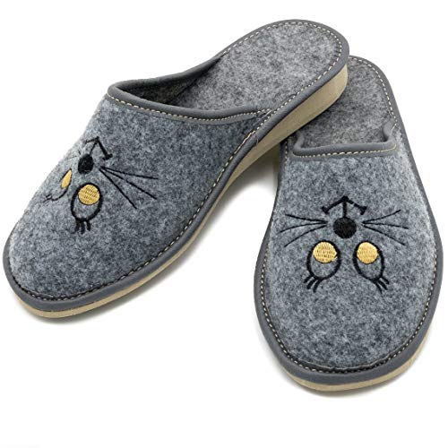 ABsoft - Pantuflas para mujer de 100 % fieltro con gatos bordados, color Gris, talla 41 EU