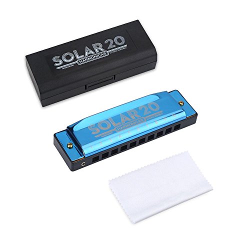 Alomejor Harmonica Professional Blues Harmonica Set 10 Hole 20 Tone Key of C with Case Cleaning Cloth(Azul)