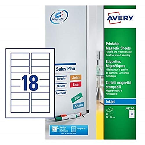 Avery España J8871-5. Caja de 90 etiquetas imán, 18 carteles por folio, 78x28 mm