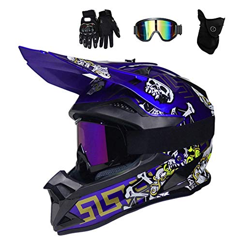 Azul/Cráneo - Casco de Motocross Hombre con Gafas (4 Pcs) Casco Enduro Adulto con Forro Extraíble, Pro Casco MTB Integral Cross Protecciones Moto para MX Quad Descenso Enduro Motocicleta,XL