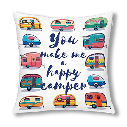 BEDKKJY Funny You Make Me Happy Camper Cita inspiradora con decoración de caravanas Retro Fundas de cojín Decorativas, Protector de Funda de Almohada con Cremallera, 18x18 Pulgadas