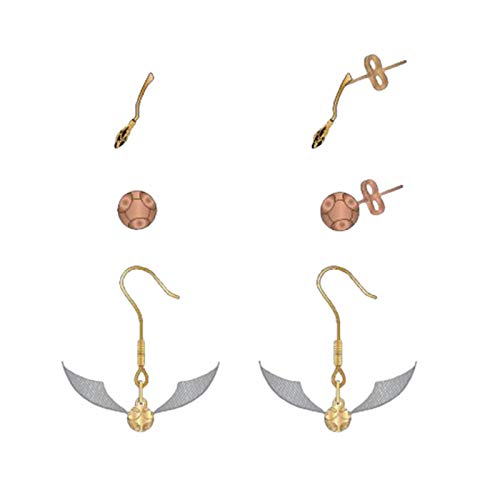 Bioworld International Harry Potter Stud Earrings Set Quidditch 3 Pares de escobas Quaffle Golden Snitch Jewelry