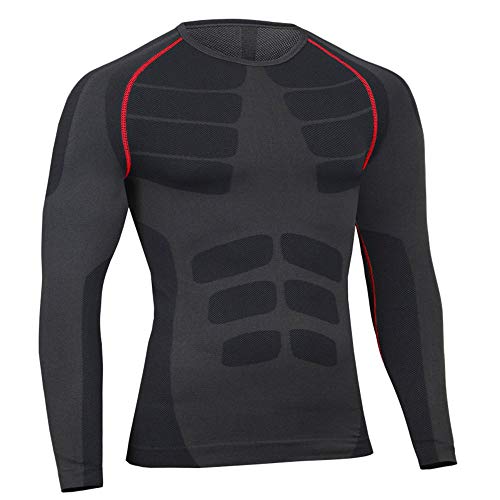 Bwiv Camiseta Hombre Deportiva Compresión Camiseta Interior Hombre Manga Larga Fitness Gimnasio Aire Libre para Entrenamiento Ciclismo de Negro Gris y Rojo Línea Talla XL