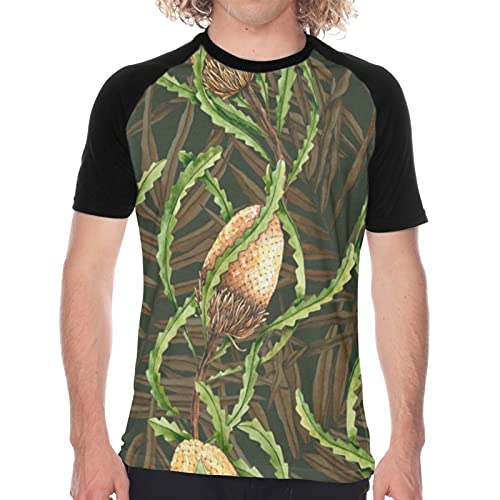 Camiseta de Manga Corta para Hombre,Stock Photo Patrón Sin Fisuras con Acuarela Banksia Seca,Divertidas Imprimir gráfica con Cuello Redondo y diseño Creativo S