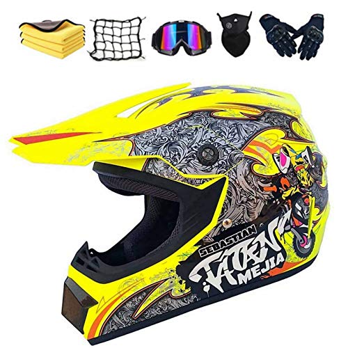 Casco de moto infantil para motocross con guantes, gafas, máscara, red elástica, regalo para niños (XL, C)