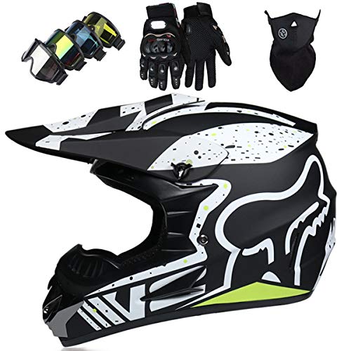 Casco de Moto, Set de Casco de Moto de Motocross de Integrales para Niños y Adultos (Gafas + Guantes + Máscara) para Scooter Eléctrico Dirt Bike MTB MX ATV con Diseño Fox - Homologado DOT - Negro Mate