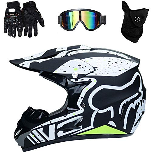 Casco Descenso Hombre Casco De Motocross para Motocross, Guantes De Motocicleta, Montaña Bicicleta Casco, Apto para Adultos Y Niños 4 Piezas Casco + Guantes + Gafas + Máscara,A,L