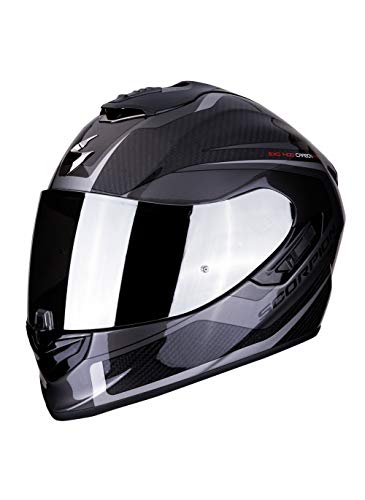 Casco integral Scorpion EXO-1400 espirit negro gris fibra de carbono para scooter moto con visera interior SpeedView solar retráctil, protección exterior TCT (XS)