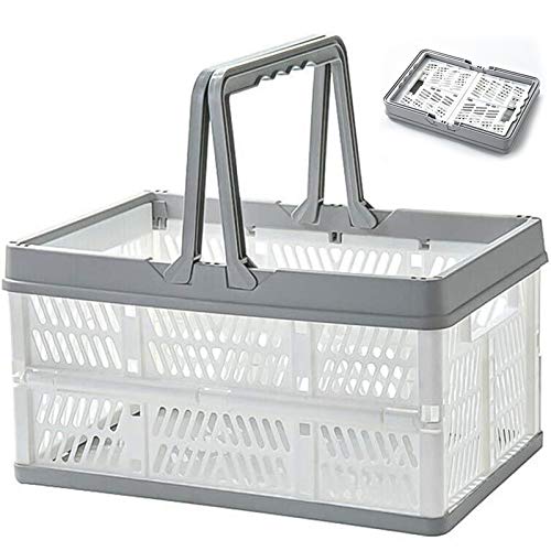 Cestas Plegables Caja de plástico, Cestas de plástico para la Compra con Asas, Cesta de Picnic Plegable, Cajas de Almacenamiento Plegables (Blanco)