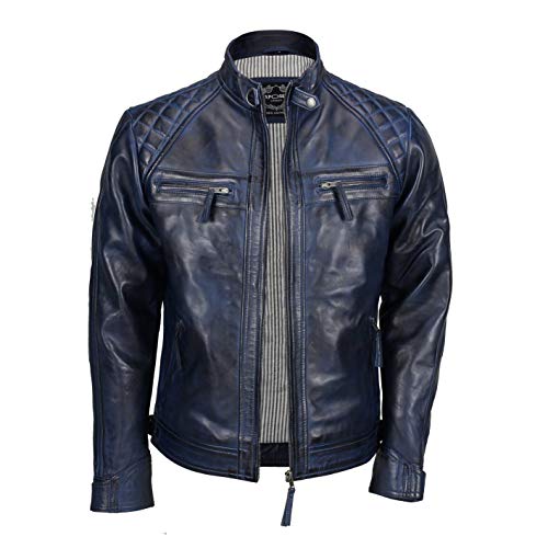 Chaqueta de piel auténtica estilo motero vintage y con cremallera para hombre de la marca Xposed, color marrón lavado Azul azul 3XL