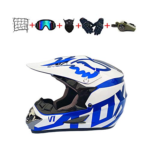 CJBYYBF Casco Motocross Niño, ECE Certificación Casco de moto para niños Downhill.Cascos de Cross de Moto Set con Gafas/Máscara/Red Elástica/Guantes (Azul, S:52-53 cm)