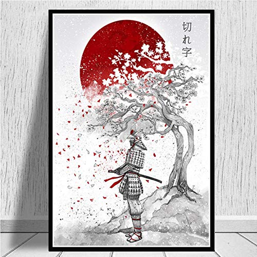 Cuadro En Lienzo,Estación Samurai Cerezo Japonés Ukiyo-E Non-Woven Carteles Murales Arte Abstracto,Imagen 3D Pared Vertical Pintar Ilustraciones Dormitorio Decoraciones Home Office,60Cm*80Cm Sin CE