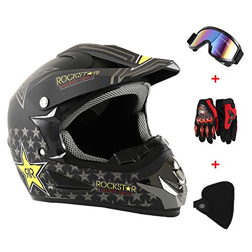 Dightyoho Casco para Motocross, 4pcs Juego de Casco de Moto + Gafas + Guantes de Motocicleta + Mascarilla, para Hombre Mujer, XL 58-59CM (Rockstar)