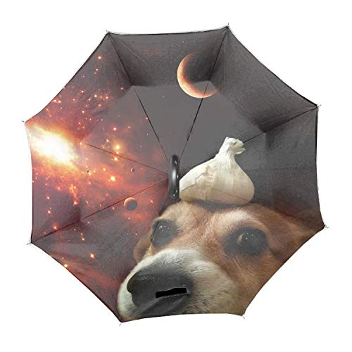 Dog Space Universe Ajo Corgi Plegable en reversa Doble Capa Paraguas invertido C Forma clásica Opciones de Mango Recto