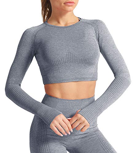 DUROFIT Camiseta Deportiva de Manga Larga para Mujer, Tiktok Crop Top Transpirable, para Yoga, Fitness, Correr, de Manga Larga Azul S