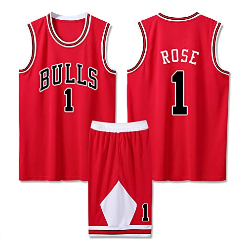 Dybory Camisetas De La NBA para Hombre Chicago Bulls # 1 Derrick Rose Uniforme, Tela Transpirable Transpirable Resistente Al Desgaste Top De Baloncesto + Corto,Rojo,6XL