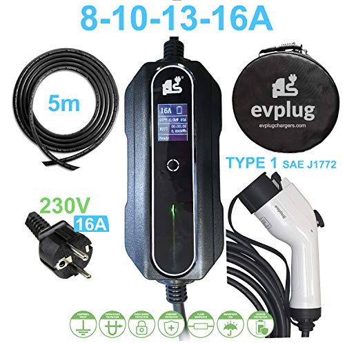evplug / Cargador EV portatil Coche electrico PHEV | Potencia Variable | 3.6 kW / 7.4kW | Typ 2 IEC 62196-2 - Typ 1 SAE J1772 | 5 m | Compatible ZOE, Kona, E-208, 3, ID.3, MII, etc