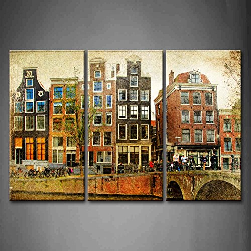 First Wall Art - Retro Cuadros en Lienzo Río y Casas y Puente en Amsterdam Decoracion de Pared 3 Piezas Modernos Arquitectura Mural Fotos para Salon,Dormitorio,Baño,Comedor