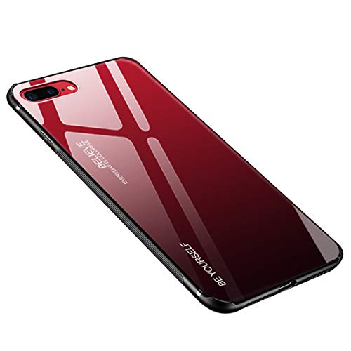 Funda iPhone 8 Plus Case Borde de Silicona TPU Suave + Cristal Templado Cubierta Trasera Carcasa Gradiente de Color Resistente a los Arañazos para iPhone 7 Plus (iPhone 7/8 Plus , Rojo + negro)
