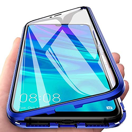 Funda para Huawei P Smart Z, Adsorción Magnética Cubierta Vidrio Templado Frontal y Posterior Flip Case Marco Metal Bumper Funda Anti Choque Protección 360 Grados Carcasa, Azul