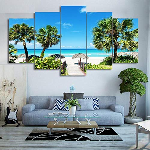 HD Impreso 5 piezas Lienzo Playa Paisaje marino Pintura Coconut Grove Cuadros de pared Fondo de pintura modular Decoración de arte de pared Cuadros de pintura
