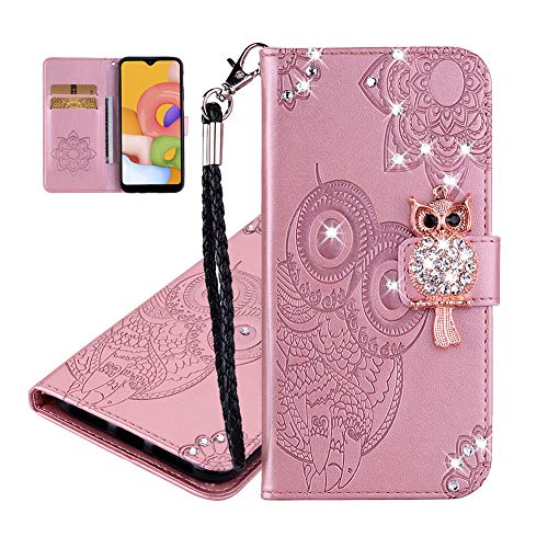 IMEIKONST Embossed Case for Xiaomi Redmi Note 9 Funda Owl Glitter Sparkly Gems Shockproof Libro de Cuero Billetera Flip Stand Card Slots Magnetic Bumper Funda para Xiaomi Redmi Note 9 Owl Rose YK