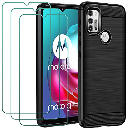 ivoler Funda para Motorola Moto G30 / G10 / G10 Power + 3 Unidades Cristal Templado, Fibra de Carbono Negro TPU Suave de Silicona [Carcasa + Vidrio Templado] Ultra Fina Caso y Protector de Pantalla