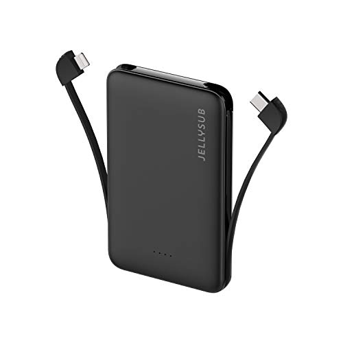 JELLYSUB 5000mah Power Bank Cargador Portátil Ultra Compacto con Cables incorporados, batería Externa Banco de energía Delgado para iPhone, iPad, teléfonos Sumsung USB C, etc.(Negro)