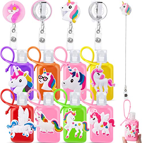 Juego de Botellas Vacías de Viaje de Niños y Llavero de Mano de Unicornio con Carrete de Insignias de 12 Piezas, Estuche de Silicona Contenedor de Viaje Recargable para Artículos de Tocador