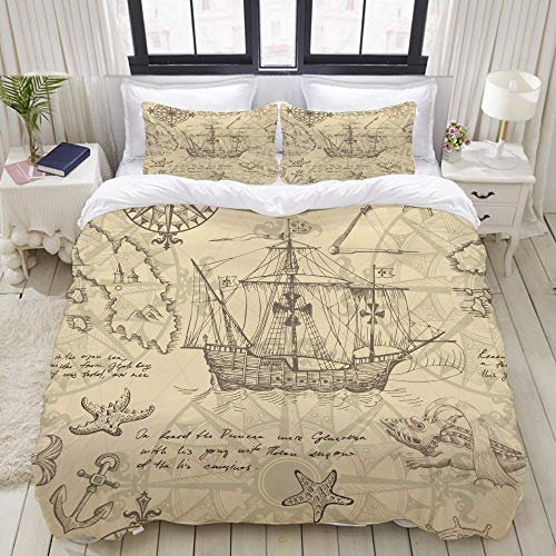 Juego de Funda nórdica, Old Caravel Vintage Sailboat Sea Monster, Colorido Juego de Cama Decorativo de 3 Piezas con 2 Fundas de Almohada