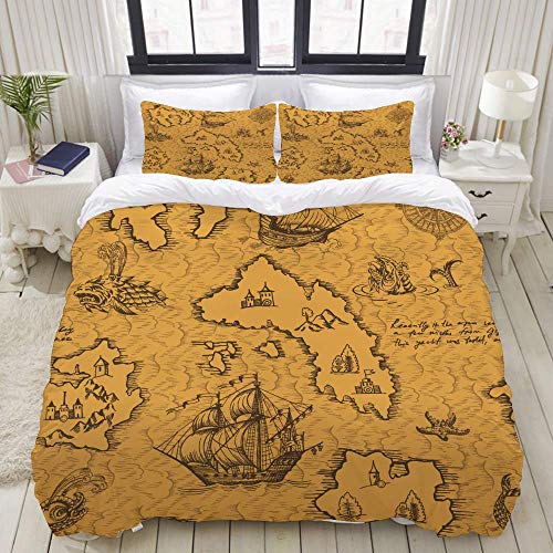 Juego de Funda nórdica, Old Caravel Vintage Sailboat Sea Monster, Colorido Juego de Cama Decorativo de 3 Piezas con 2 Fundas de Almohada