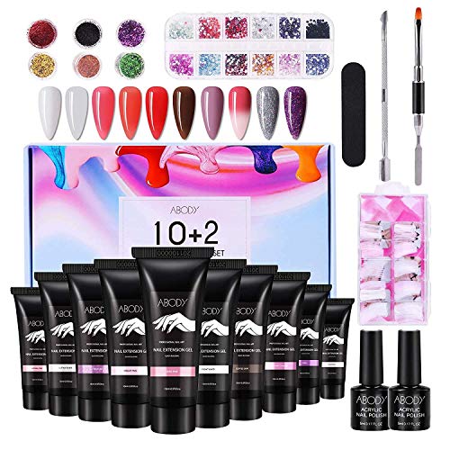 Kit Uñas de Gel, Abody Polygel Kit Gel de Extensión de Uñas, 10 Colors Uñas de Gel, con Base y Capa Superior, 6 Colores Brillos, 12 Nail Diamond, 100 False de Uñas (10PCS)