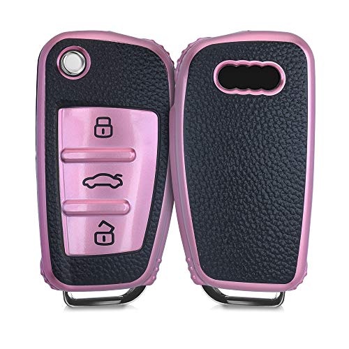 kwmobile Funda para Mando de Coche Compatible con Audi - Carcasa de TPU Tipo Cuero con Botones para Coche - Oro Rosa/Negro