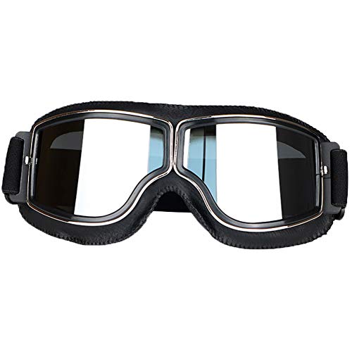 LEAGUE&CO Gafas de Moto Retro Vintage Gafas de Protección Gafas Piloto Gafas de Aviador, Gafas para Casco Harley Davidson Dyna Touring Trike Motocross Marco Negro, Lente Plata