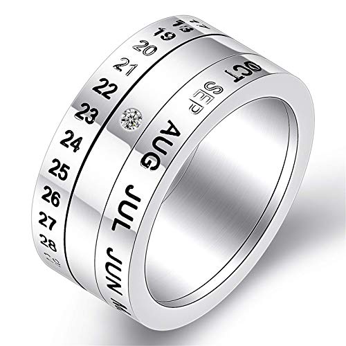 LKITYGF Moda novedosa Número de Moda y Carteles de Calendario de Mes Anillos giratorios para Hombres 316L Acero Inoxidable Punk Party Anillo Joyería, 9 (Size : 8)