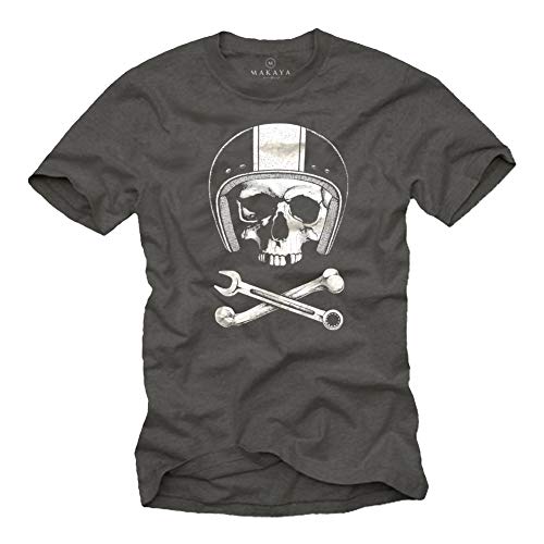 MAKAYA Calavera con Casco - Camiseta Motocross - Hombre Gris S